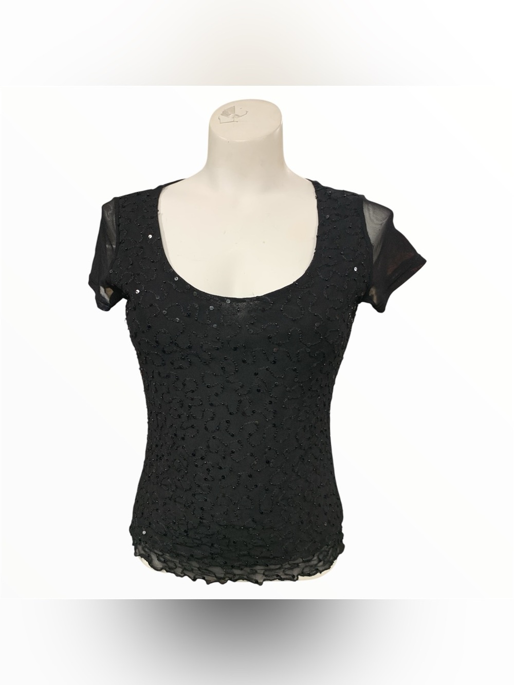 Black Scoop Neck Short Sleeve Sequin Top Size M